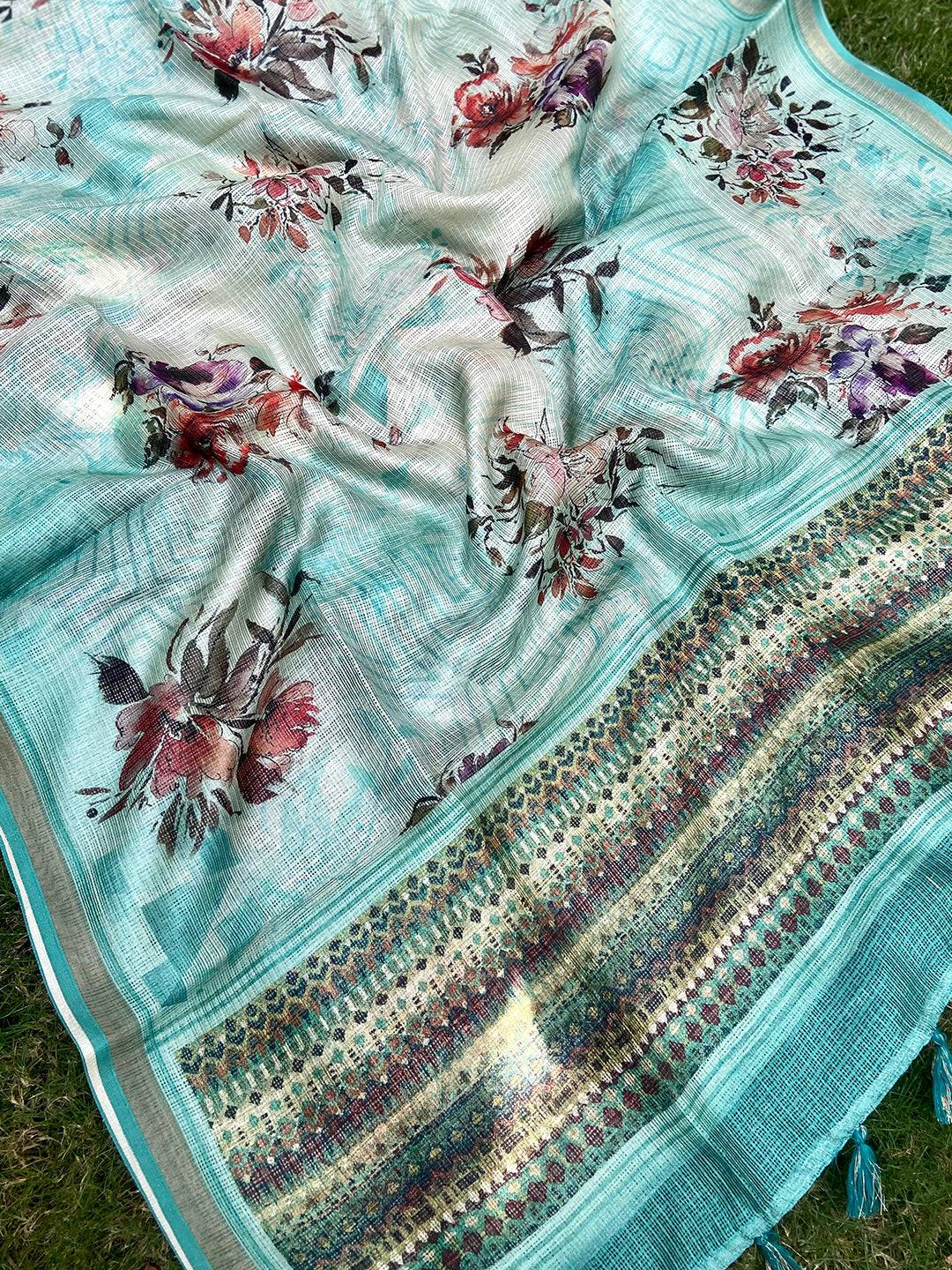 Traditional Turquoise Colour Soft Kota Doriya Silk Saree With Flower Print