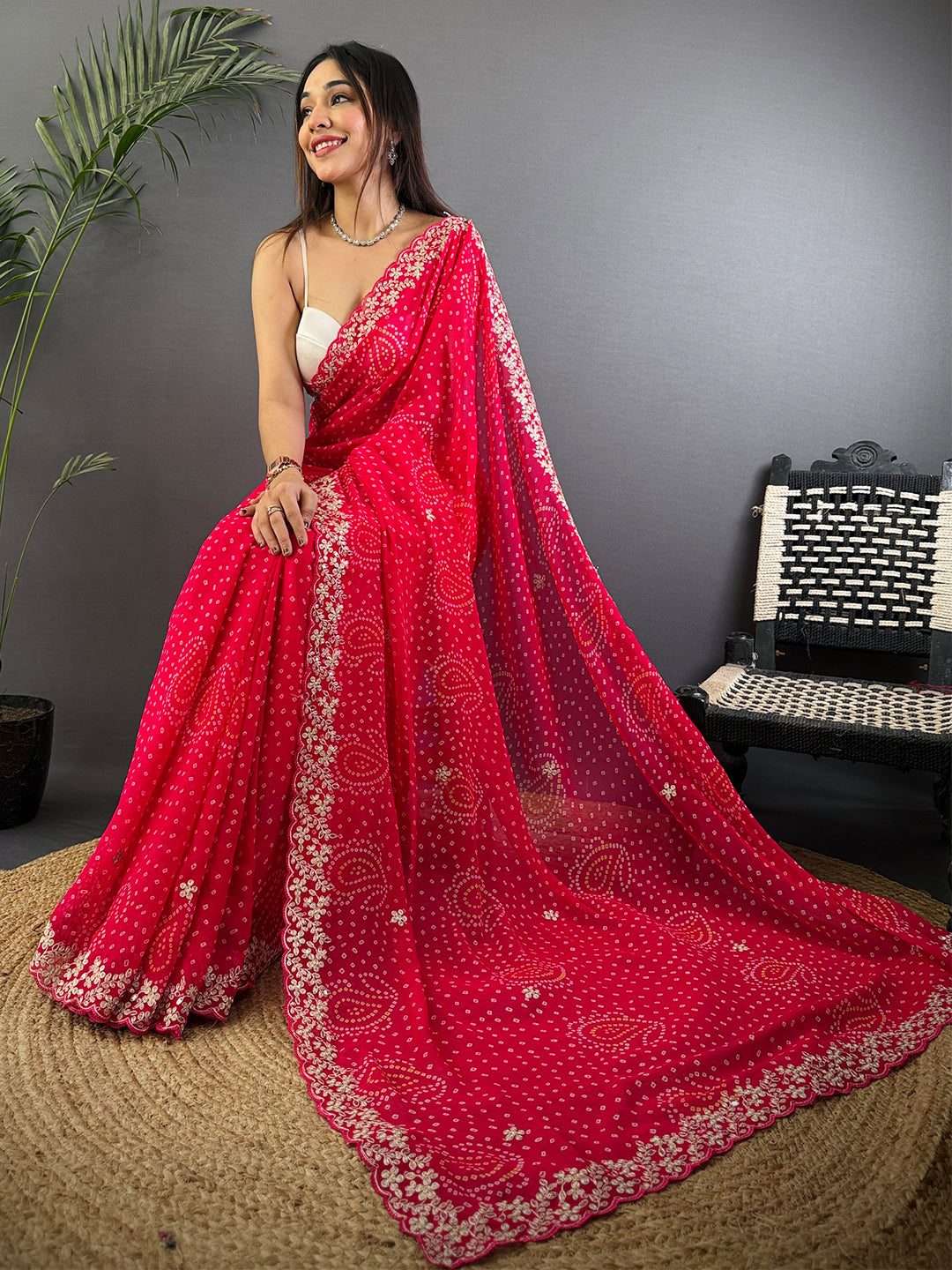 Radiant Pink Soft Georgette Bandhej Print Saree by My Store