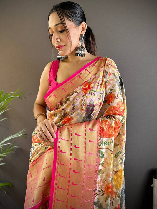 Ivory Floral Paithani Kora Silk Saree by My Store