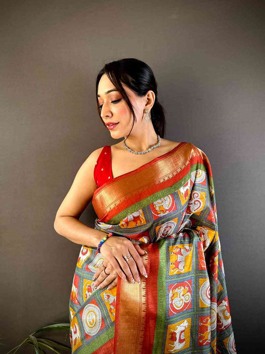 Grey Soft Silk Kalamkari Check Floral Print Saree by My Store