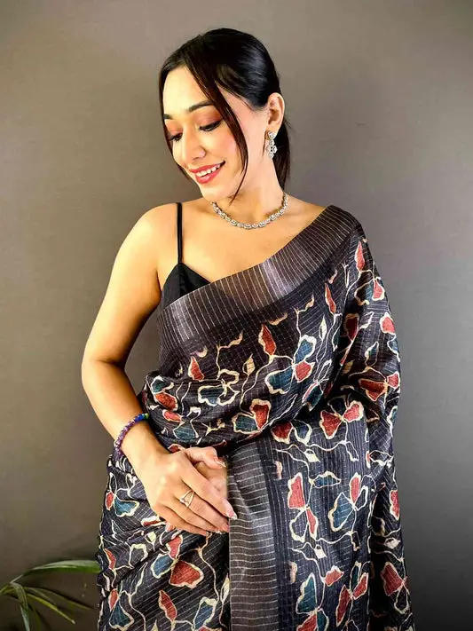 Black Chex Kalamkari Print Saree