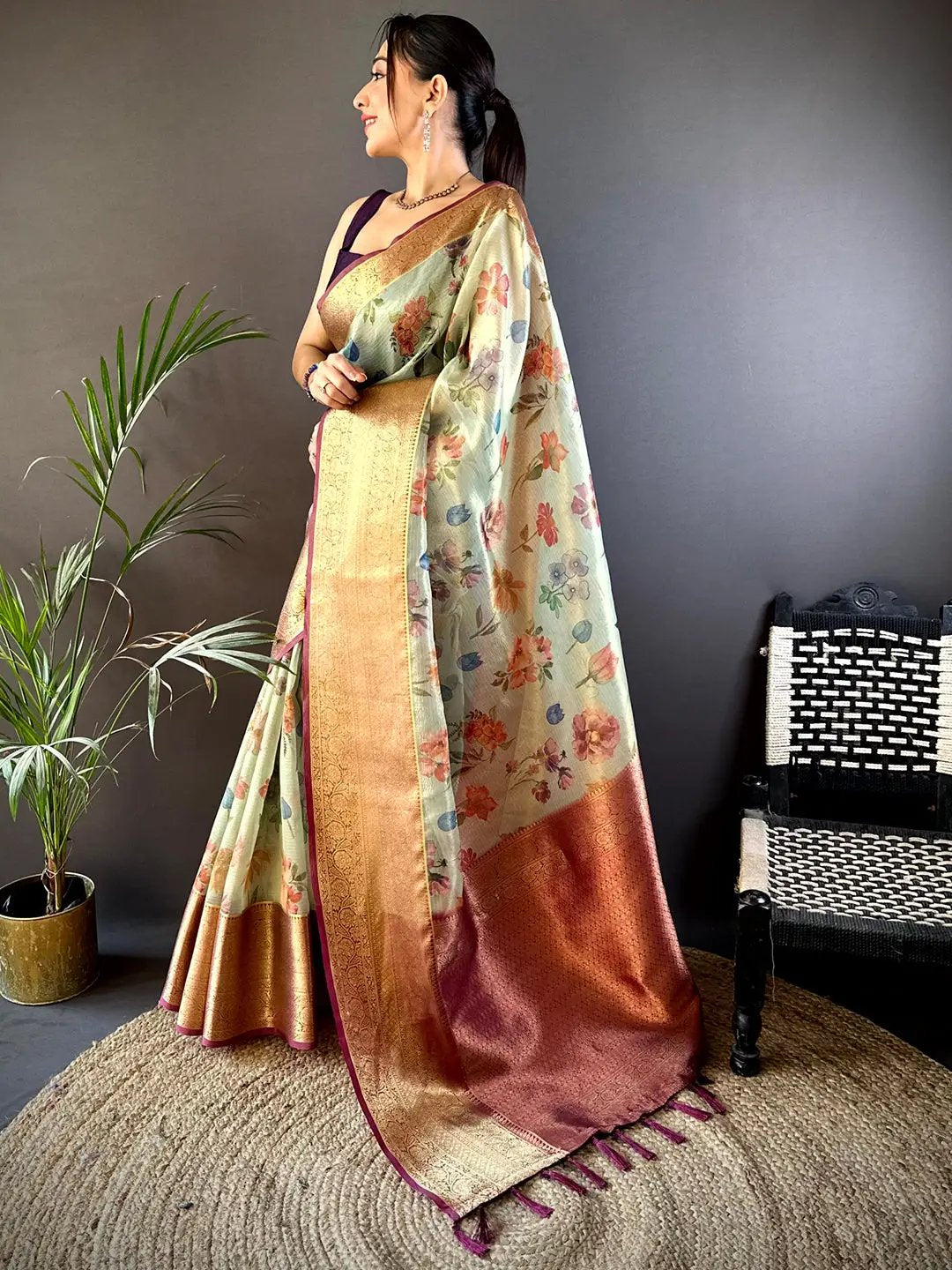 Jade Green Floral Gold Zari Tissue Saree by My Store