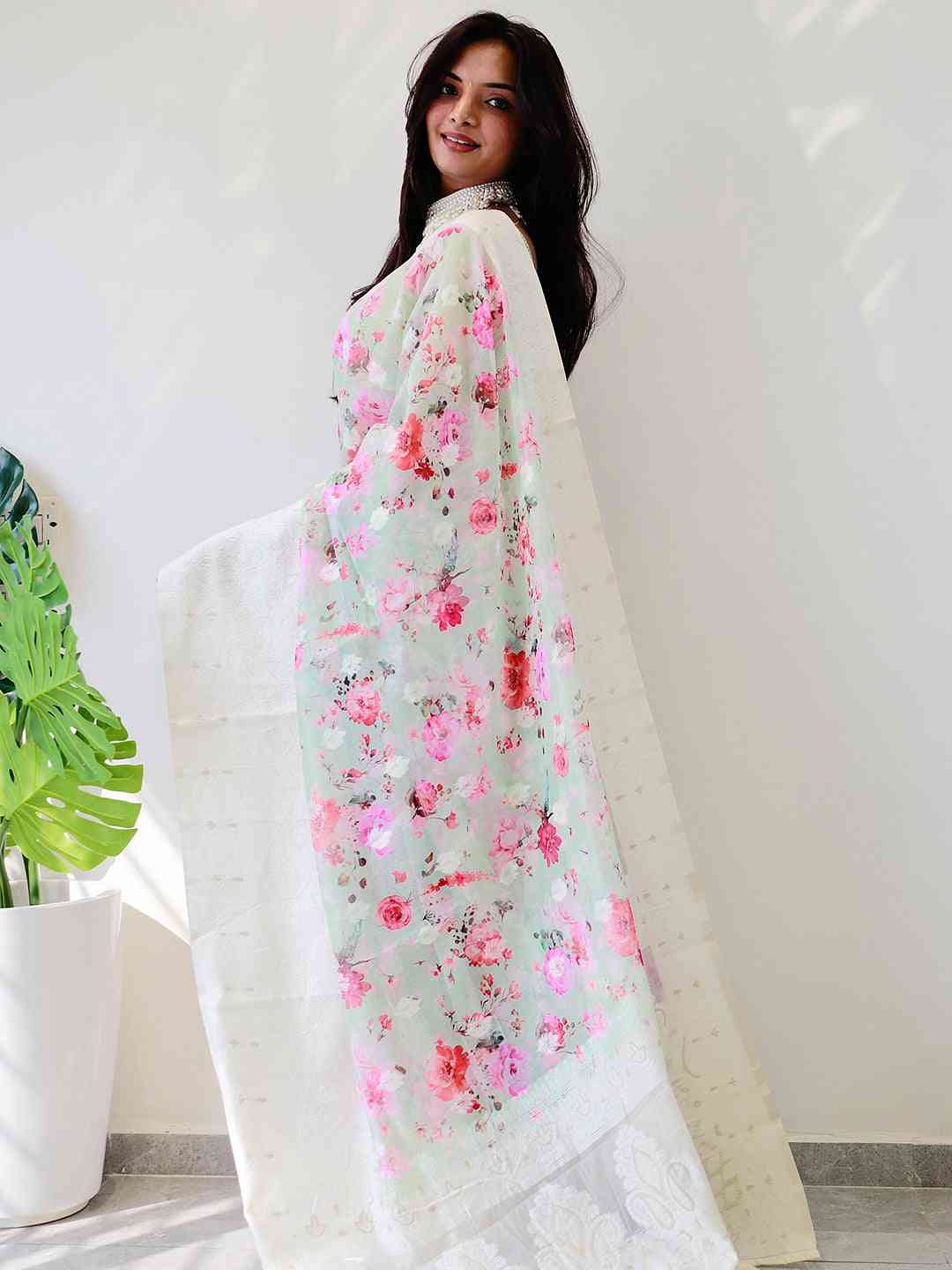 Multi Colour Digital Print Bollywood Saree in Lakhnavi Slub Pattern by My Store