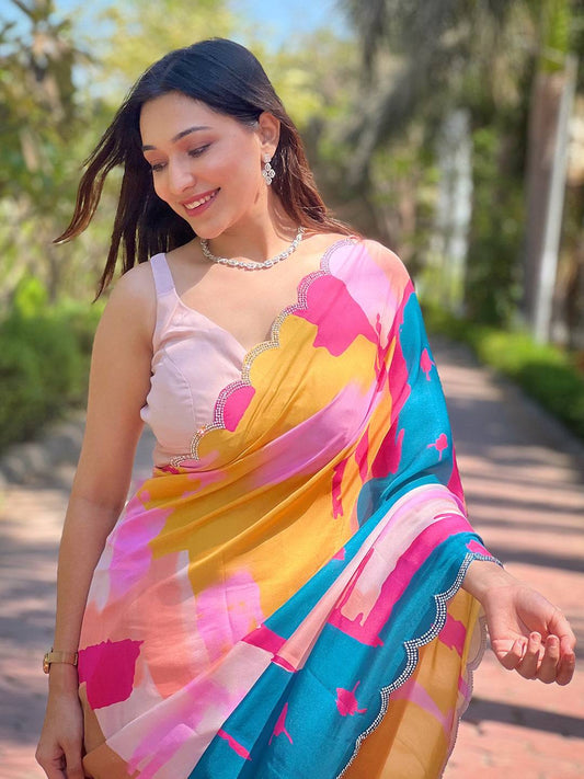 Multi Satin Georgette Floral Print Saree by My Store