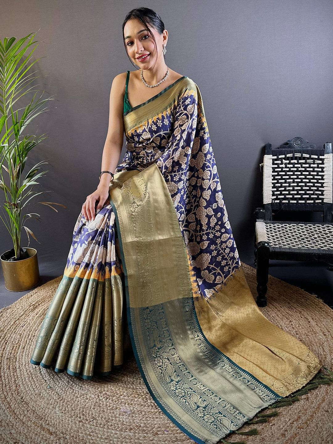 Intricate Ink Blue Banarasi Silk Saree by My Store