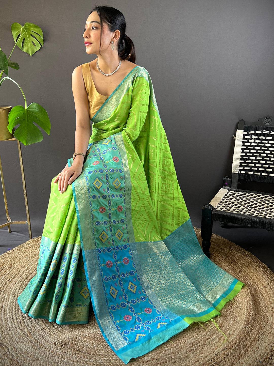 Perot Green Katan Silk Ikkat Saree