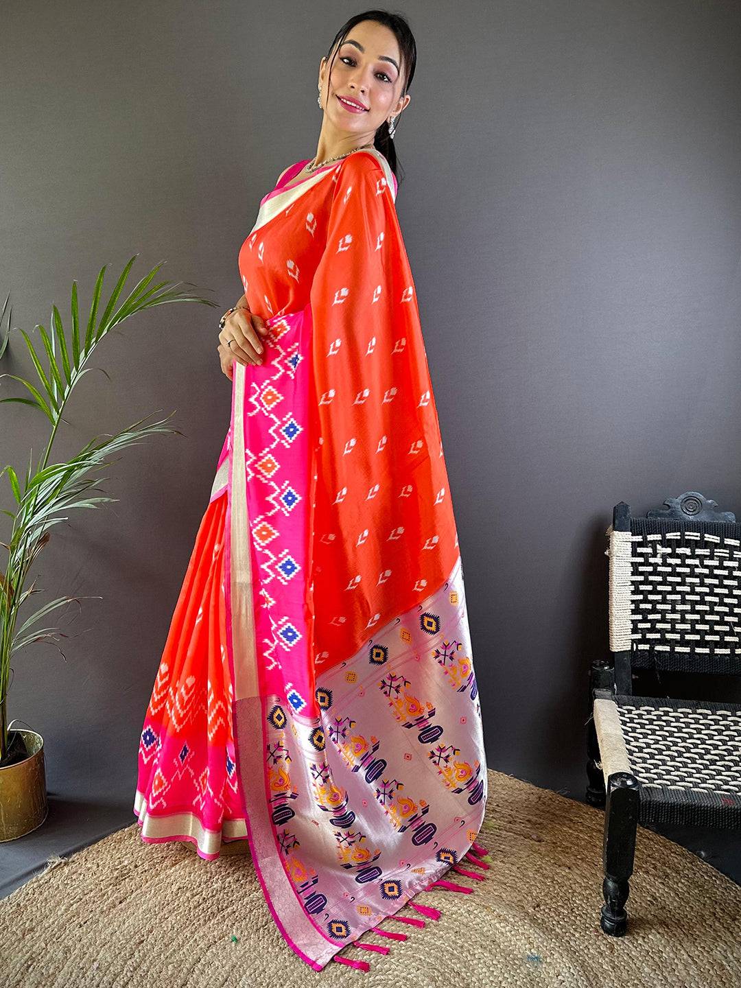 Orange Ikkat Paithani Soft Silk Saree by My Store
