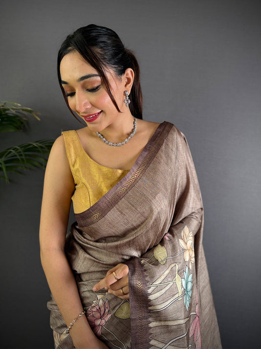 Regal Brown Tussar Ghicha Silk Saree by My Store