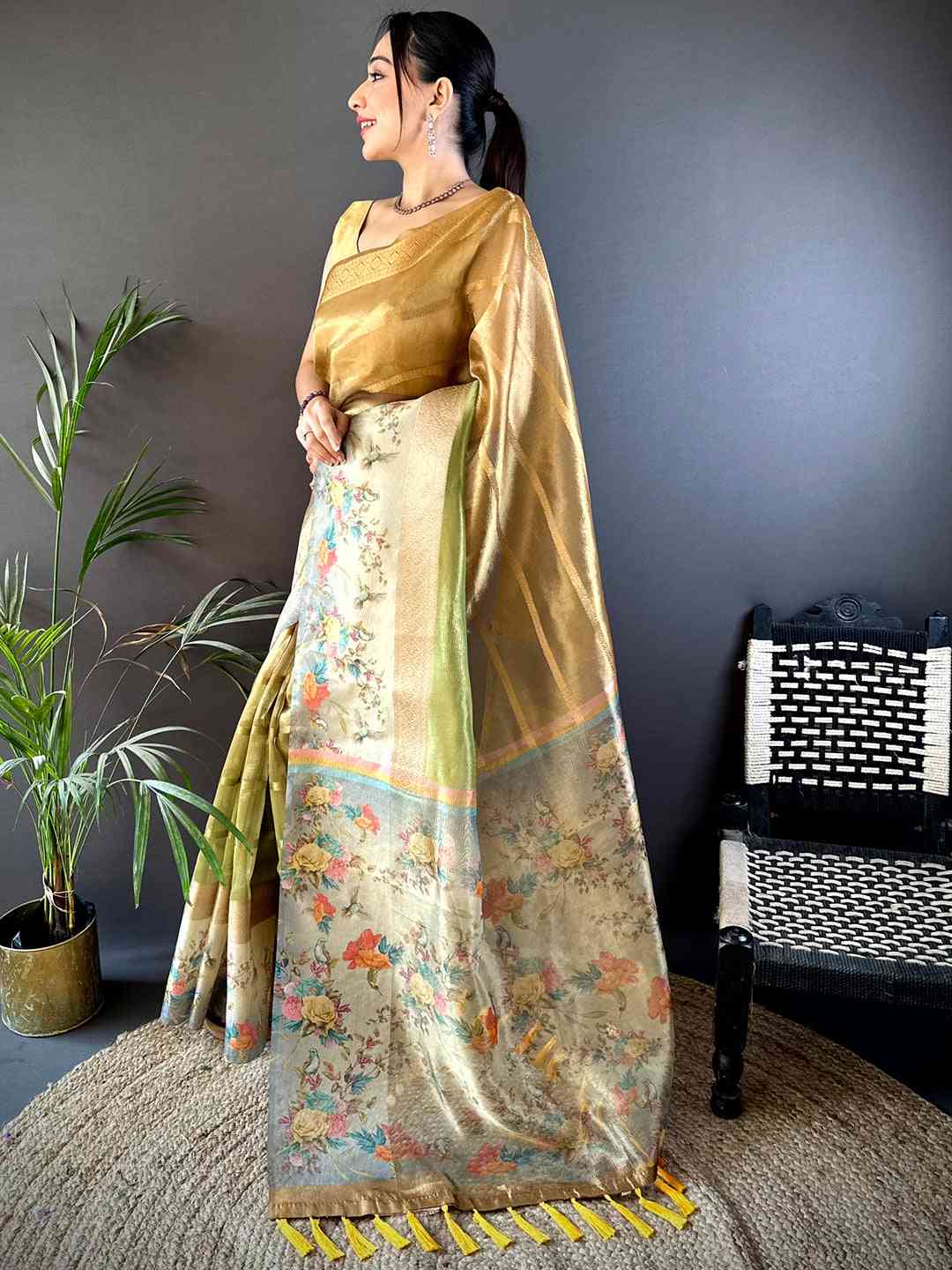 Mustard Ombre Zari Tissue Digital Print Saree by My Store