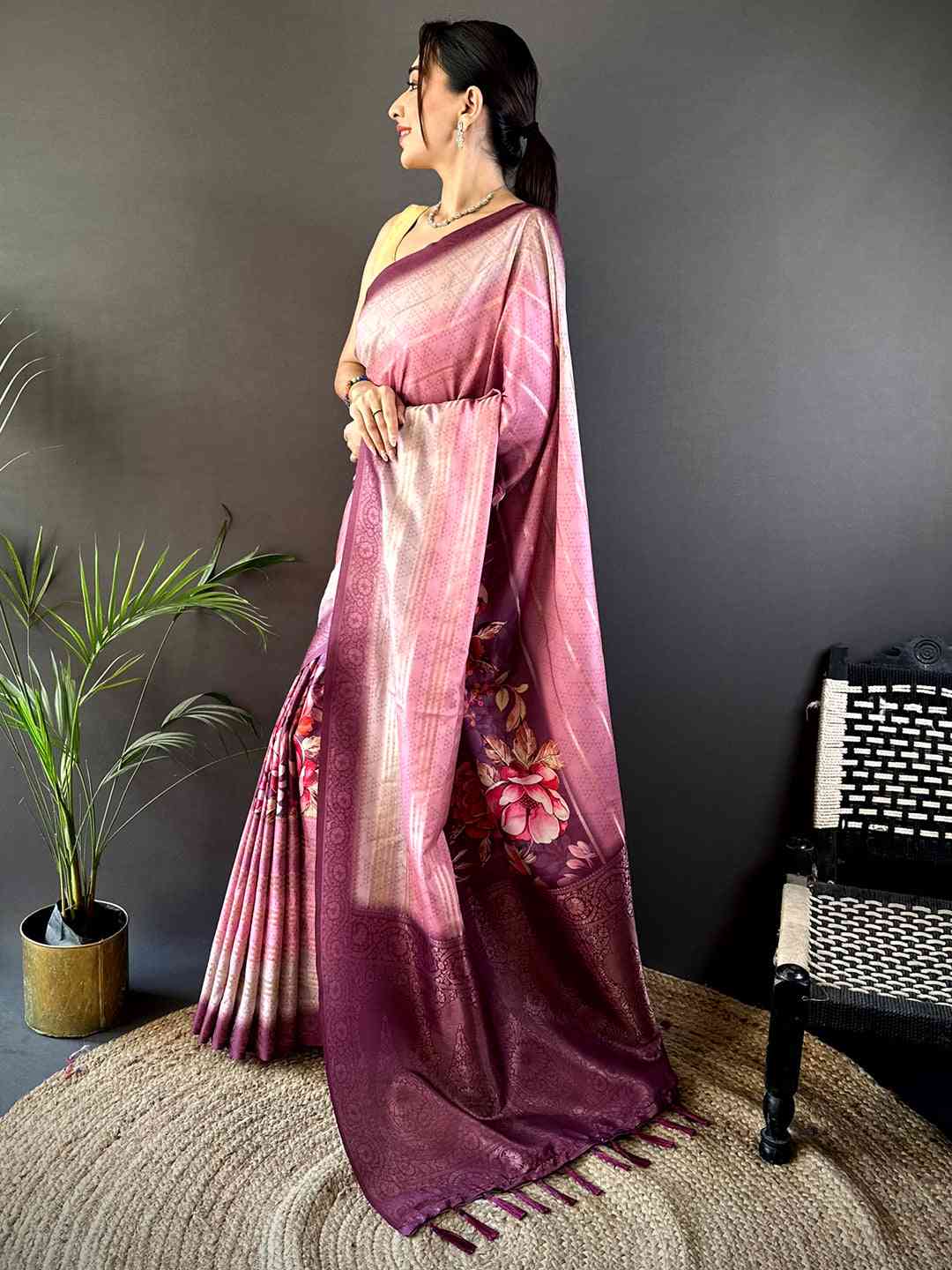 Mauve Kalamkari Ombre Crepe Silk Saree by My Store