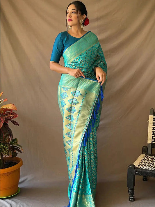Cerulean Blue Rajkoti Patola Silk Zari Woven Saree by My Store