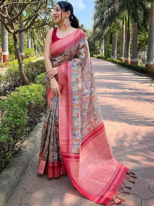 Traditional Slub Tussar Silk Madhubani Kalamkari Block Print Saree