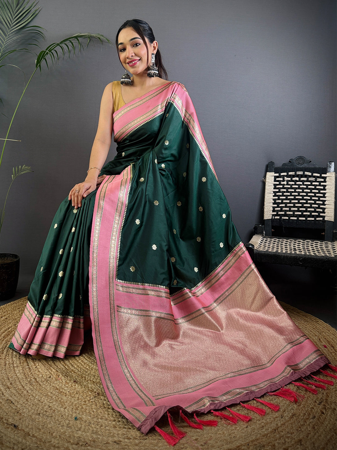 Bottle Green Soft Silk Floral Butta Saree by My Store
