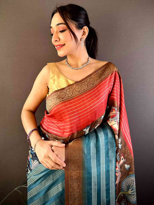 Red Soft Crep Silk Ombre Print Saree by My Store