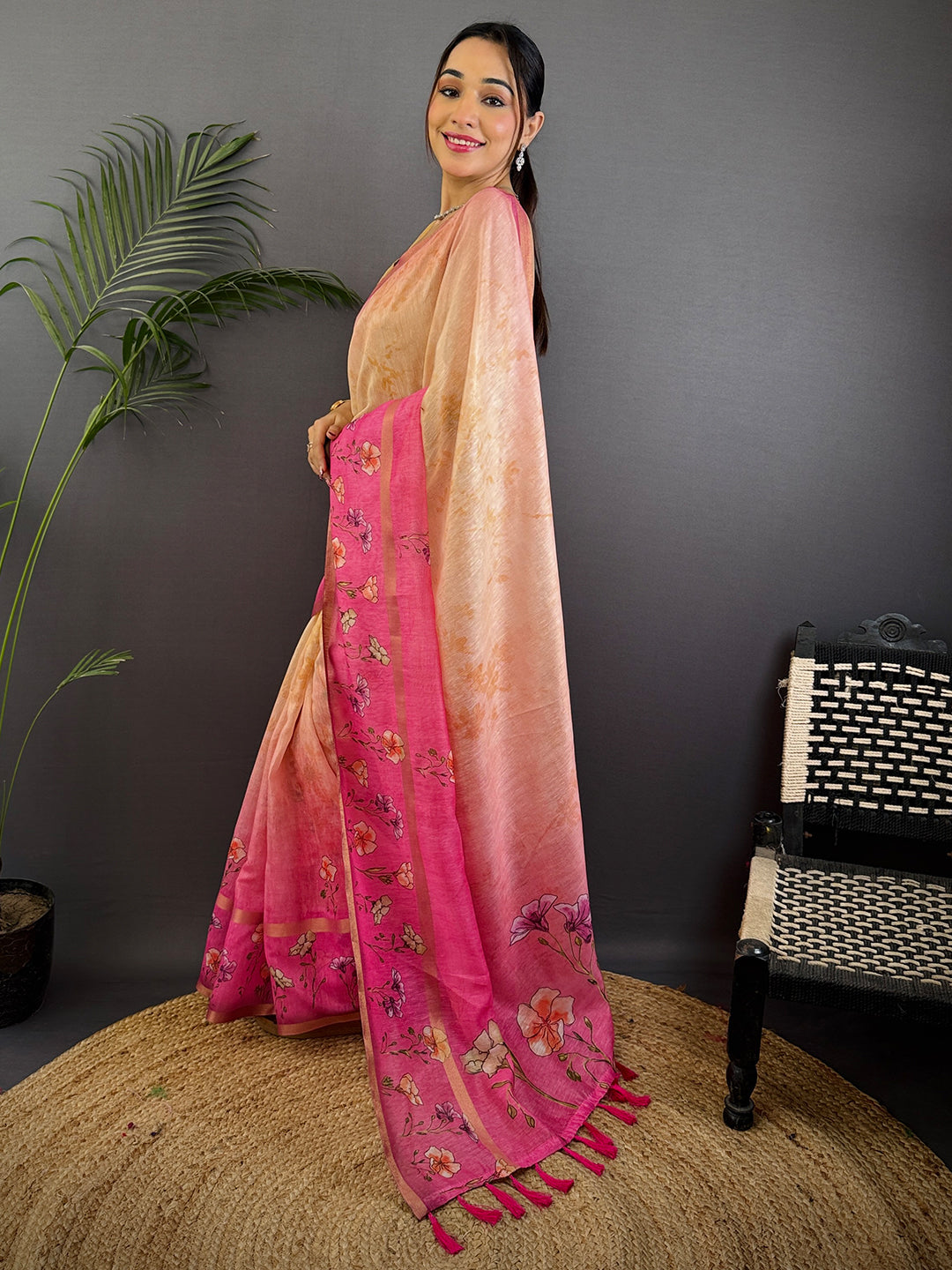Light Pink Linen Chanderi Floral Print Saree by My Store