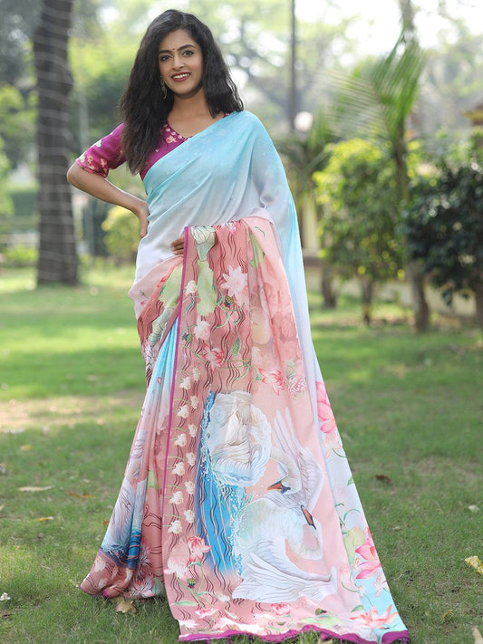 Satin Georgette Sky Blue Colour Hand Print Saree - Luxe by My Store