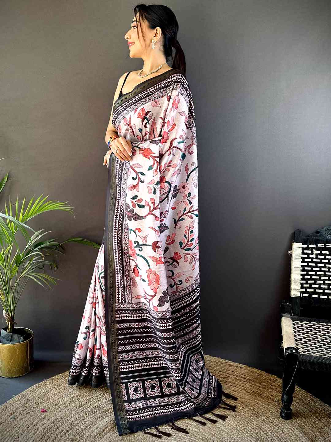 Off White Soft Silk Kalamkari Print Saree by My Store