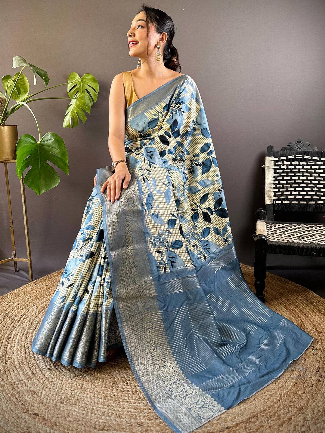 Leaf And Check Sky Blue Viscose Saree by My Store