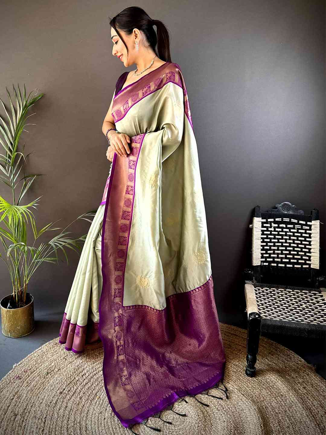 Opulent Pista Banarasi Katan Silk Saree by My Store