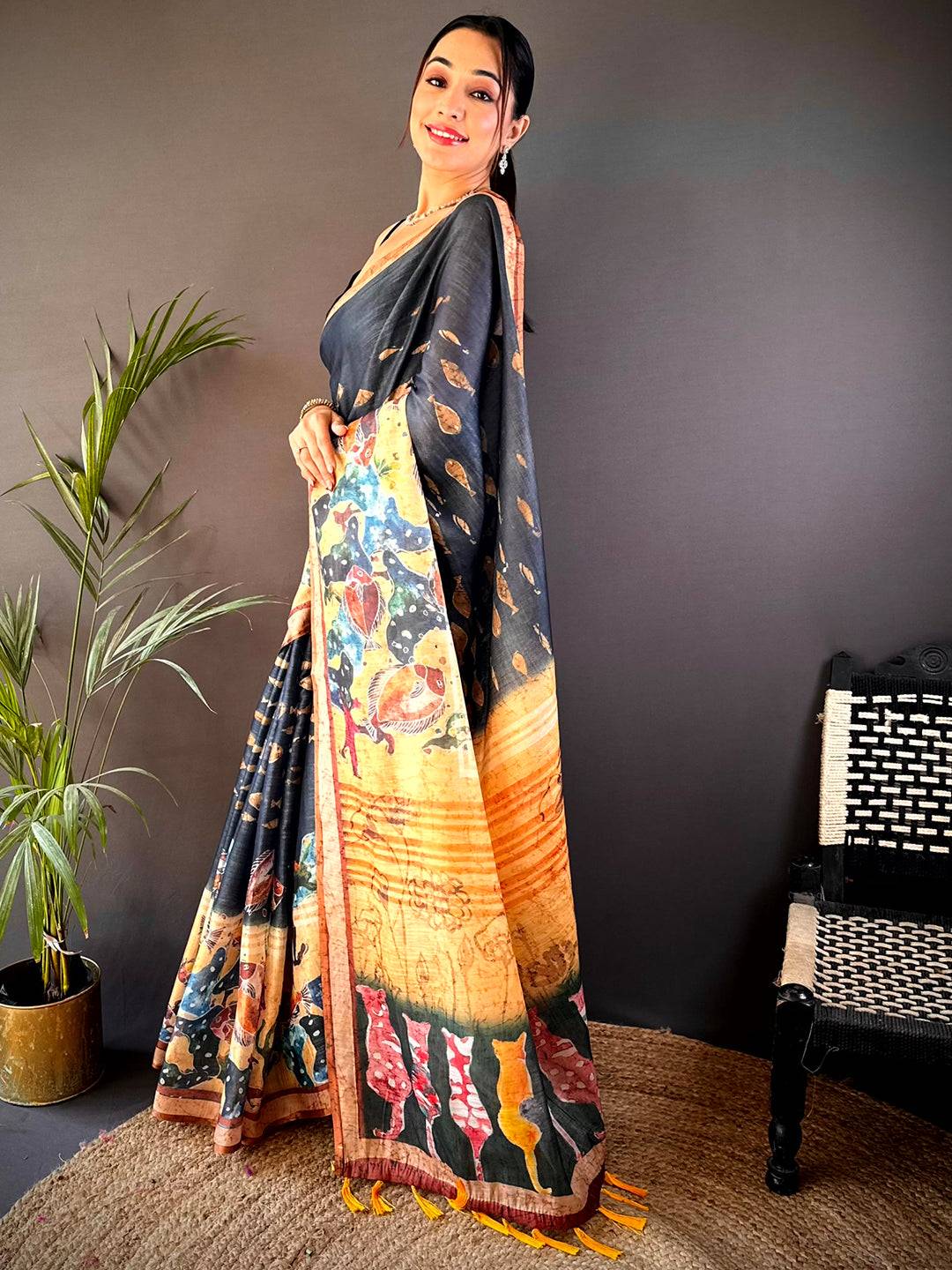 Navy Chanderi Floral Kalamkari Digital Print Saree by My Store