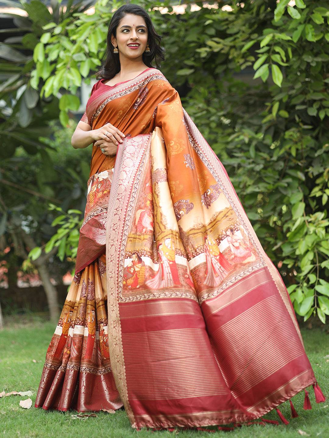 Orange Hand Kalamkari Printed Pure Viscose Dola Silk Saree - Luxe by My Store