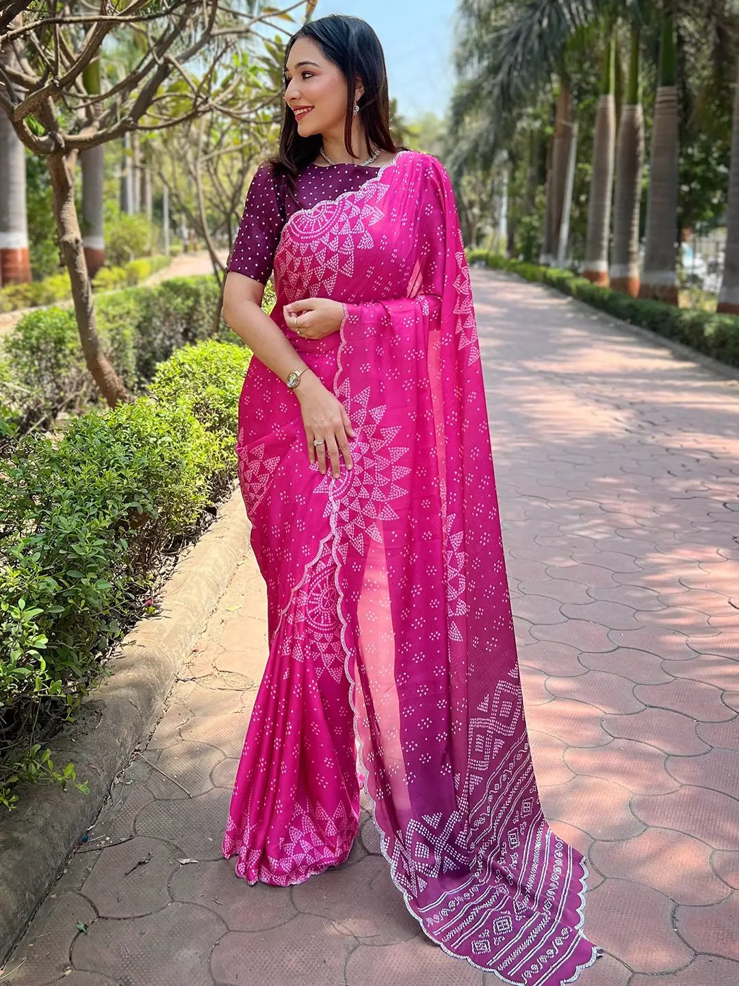 Rani Georgette Silk Saree with Ombre Bandhej Print & Swaroski Stone Work