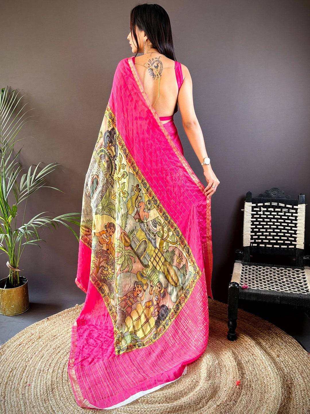 Pink Kalamkari Printed Viscos Chiffon Saree