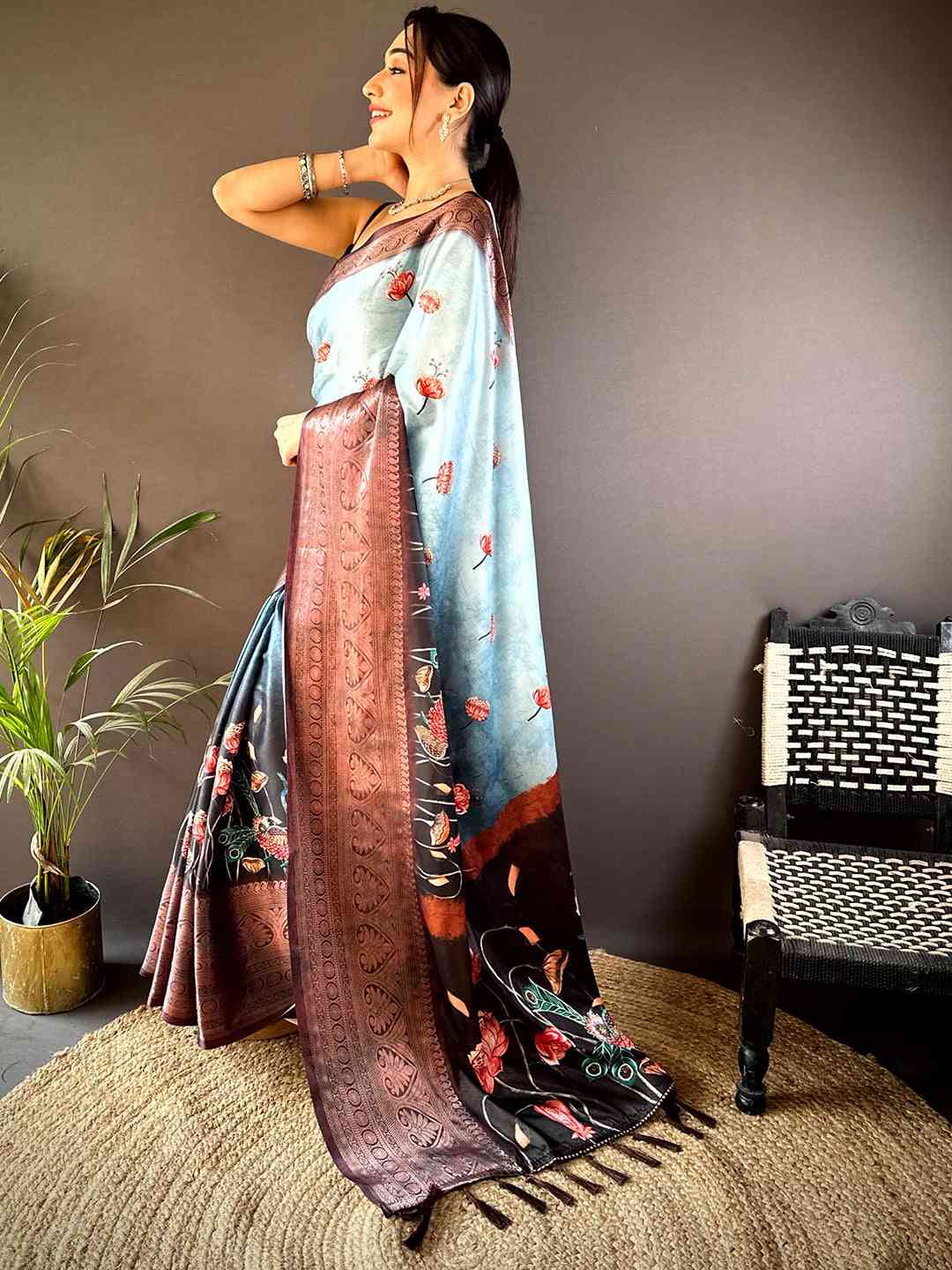 Light Blue Soft Silk Floral Ombre Print Saree by My Store