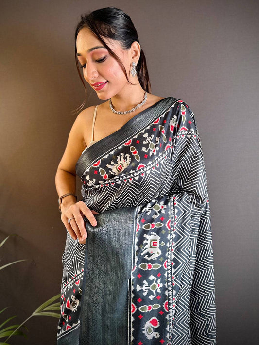 Grey Zig Zag Kalamkari Kanchi Silk Saree by My Store