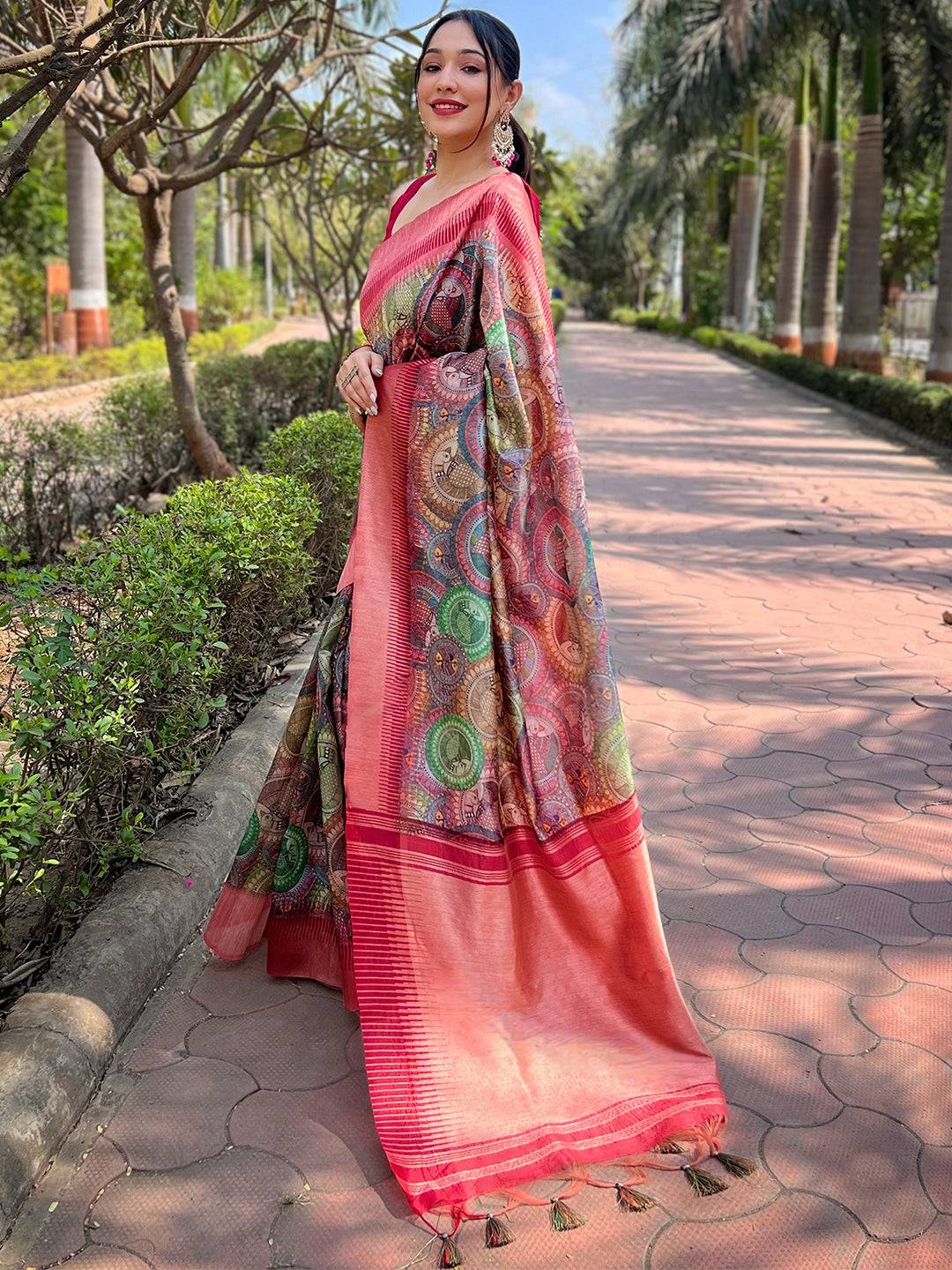 Beautiful Slub Tussar Silk Madhubani Kalamkari Block Print Saree