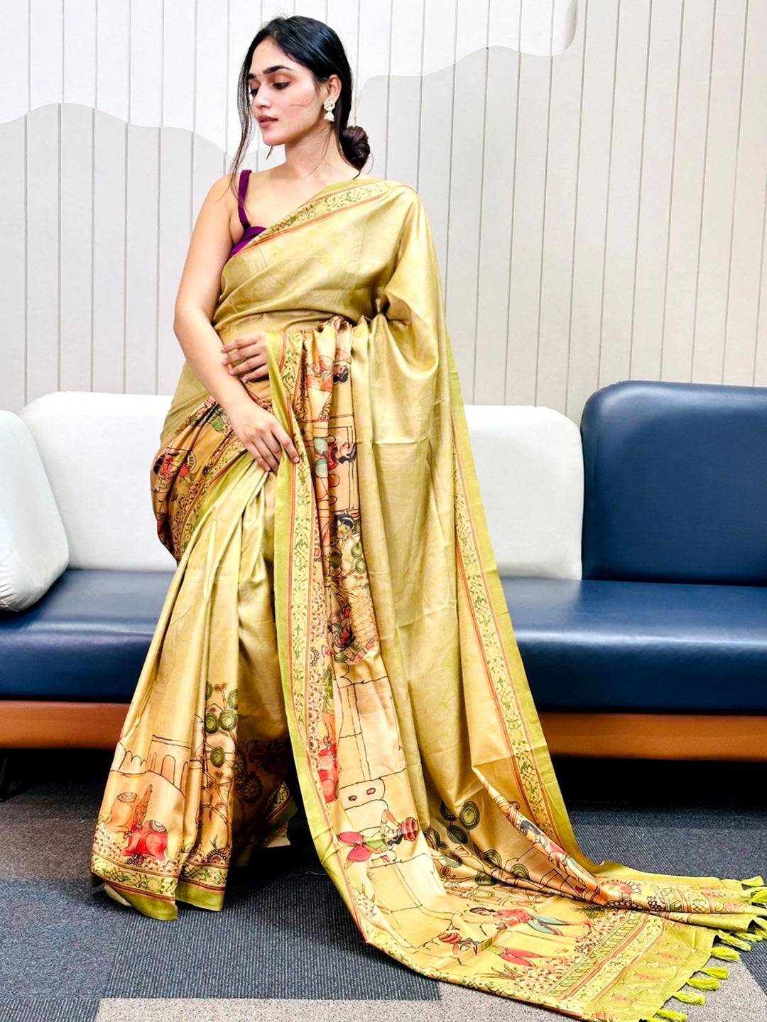 Light Green Free Hand Kalamkari Print Saree by My Store