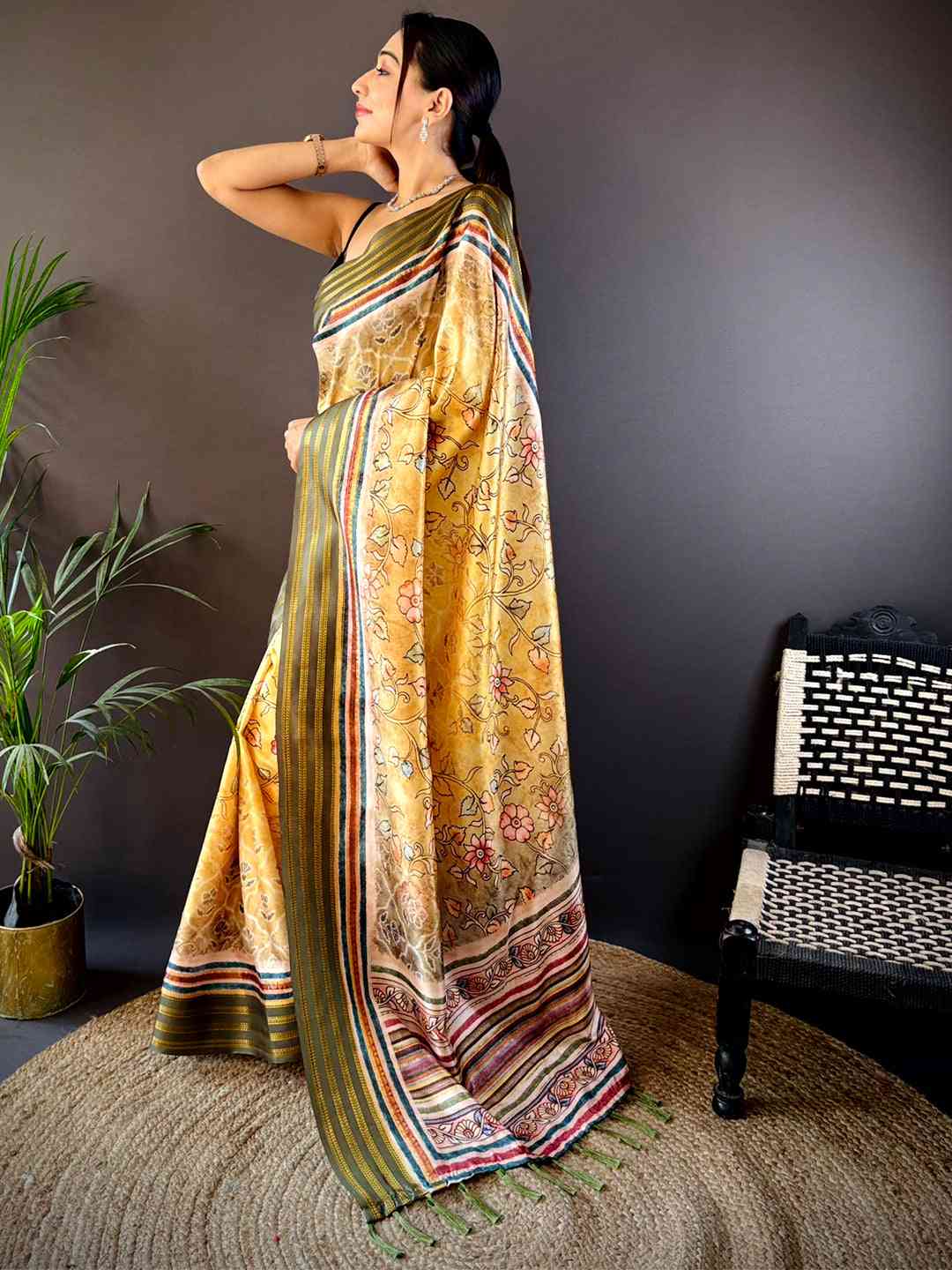 Yellow Kalamkari Floral Printed Silk Saree