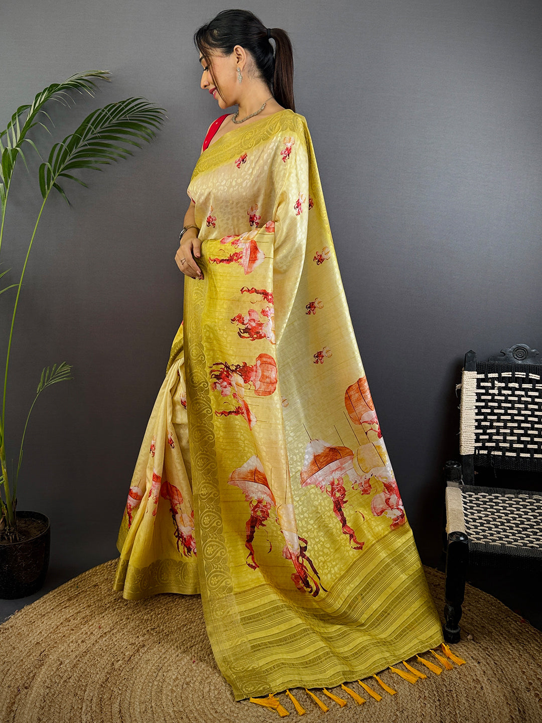 Mustard Yellow Digital Print Soft Dola Silk Saree by My Store