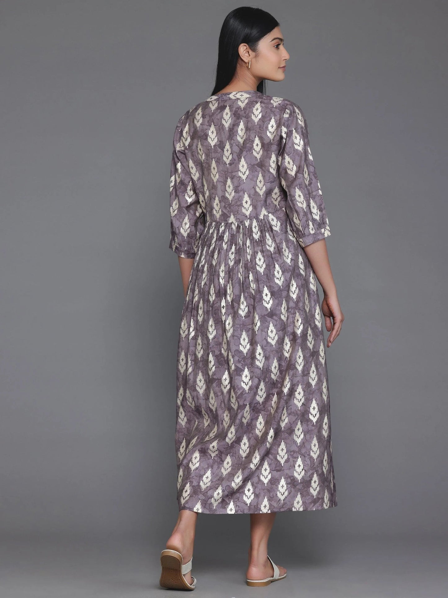 Mauve Printed Silk Fit and Flare Dress by My Store