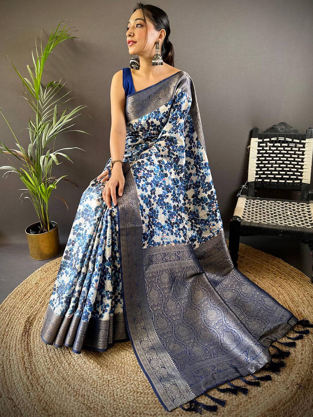 Midnight Bloom Blue Floral Saree by My Store