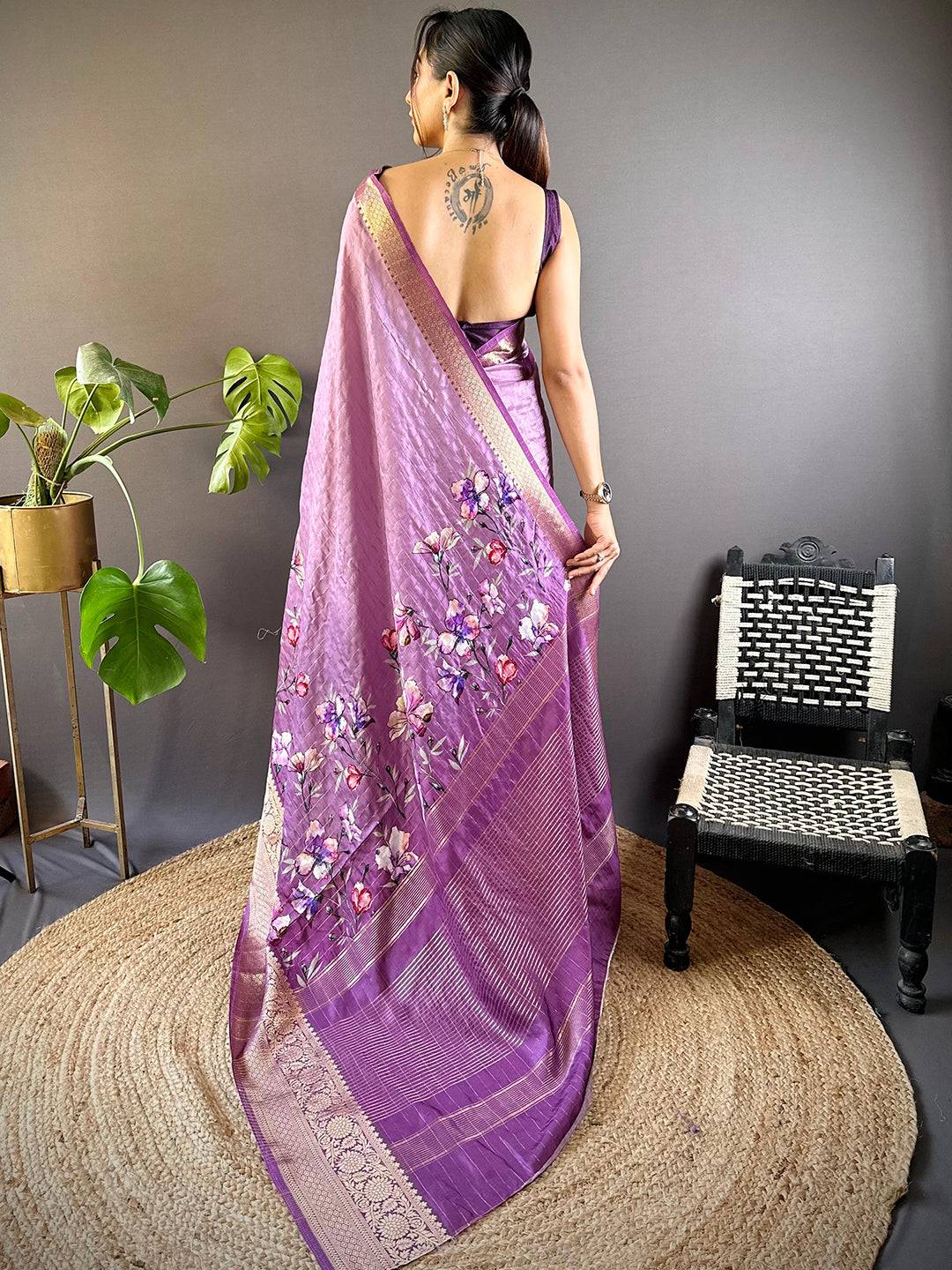 Lavender Floral Zari Chex Saree by My Store