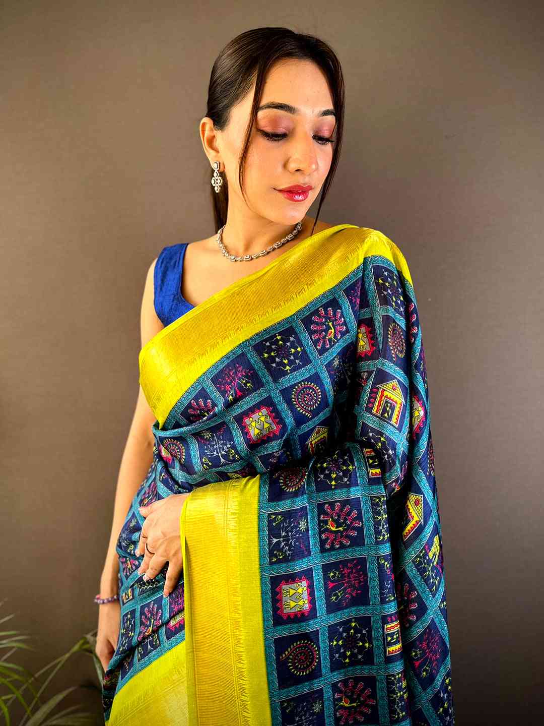 Navy Soft Silk Kalamkari Check Floral Print Saree