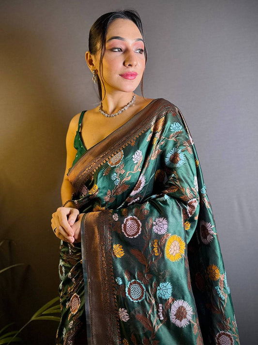 Deep Green Banarasi Silk Zari Butta Saree by My Store