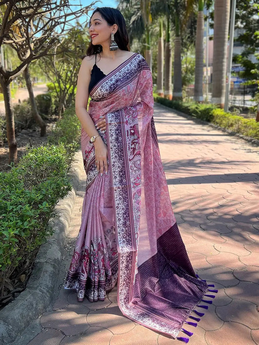 Satin Kota Doria Saree With Kalamkari Digital Print In Pink Colour by My Store