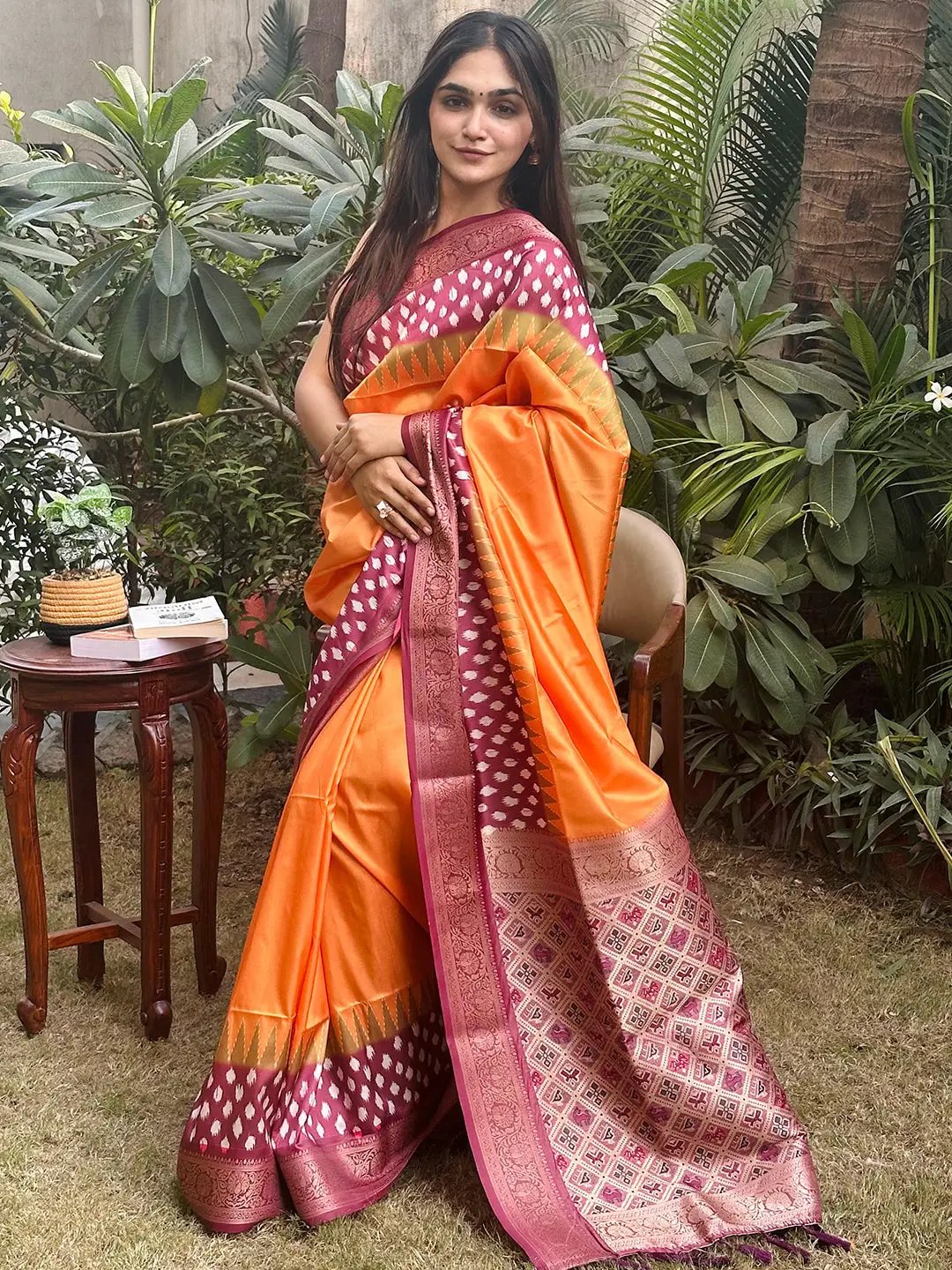 Pure Banarasi Soft Silk With Patola Pallu on Saree in Orange Colour by My Store