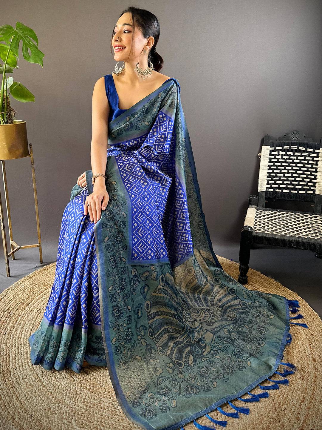 Indigo Patola Kalamkari Saree by My Store