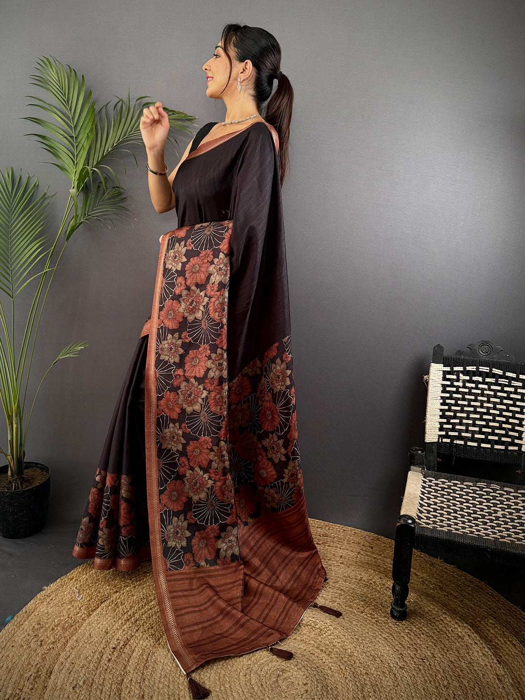 Brown Ghicha Tussar Silk Floral Saree by My Store