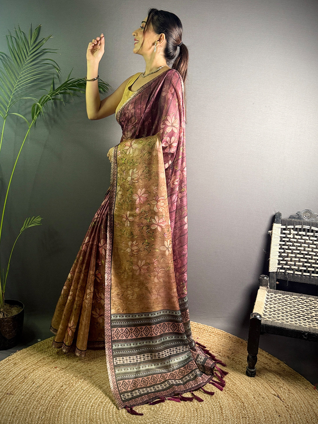 Maroon Linen Juth Digital Print Saree by My Store