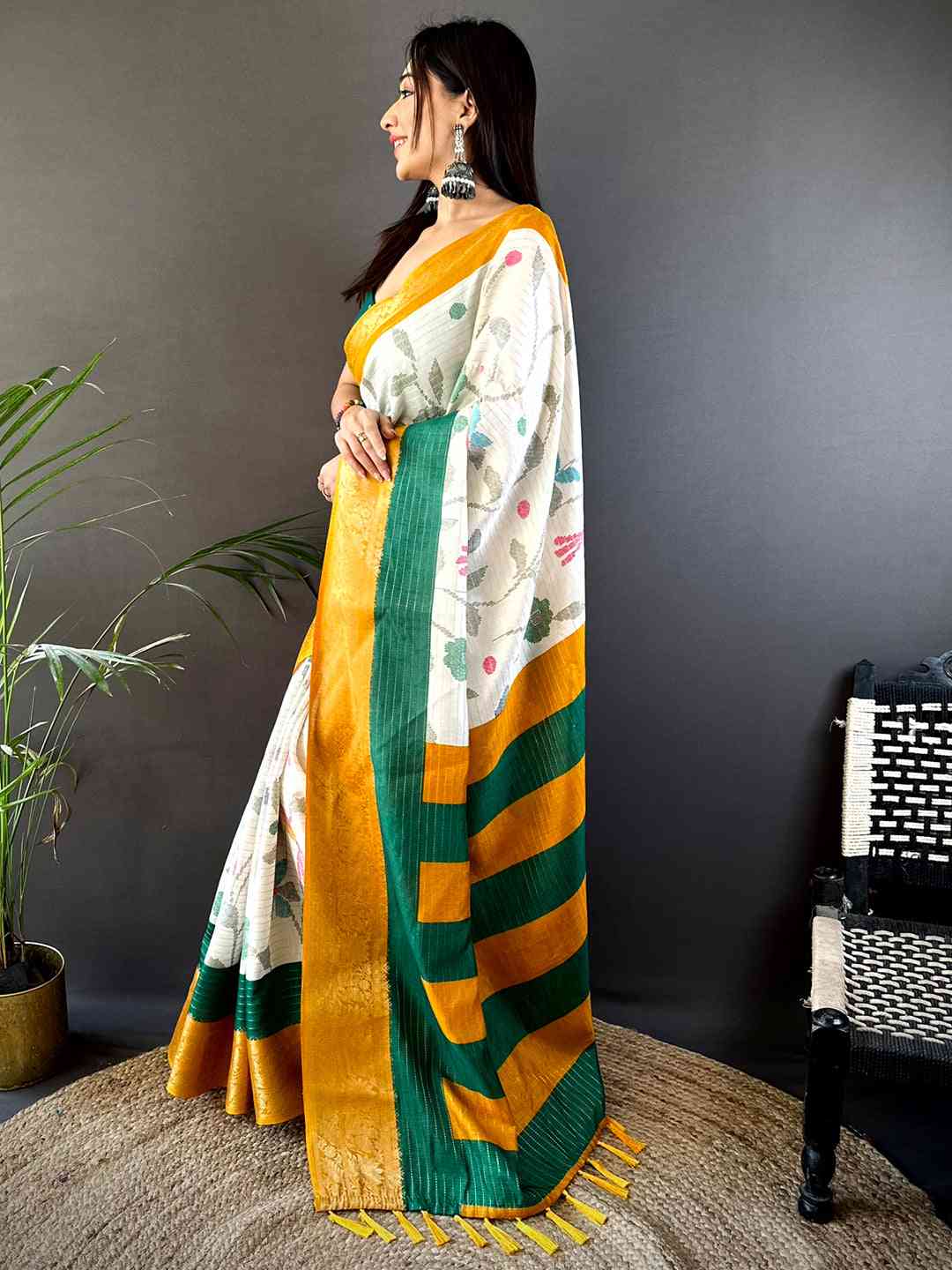Mustard Dola Silk Bird Print Saree by My Store