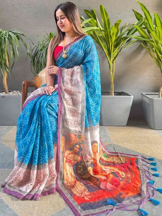 Blue Colour Geometric Print Saree With kalamkari Print Design