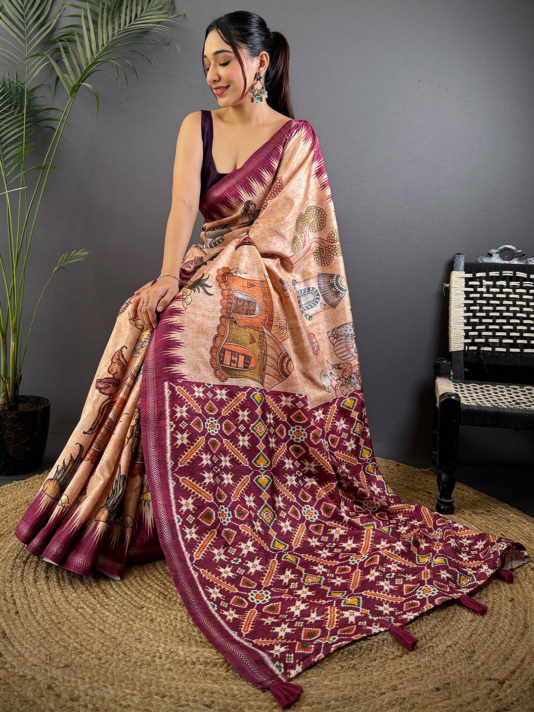 Light Peach Tussar Silk Kalamkari Printed Saree by My Store