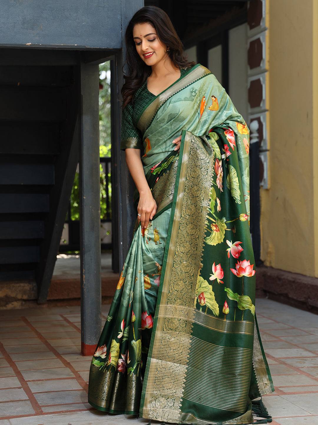 Green Colour Pure Viscose Dola Silk Saree with Floral Print - Luxe by My Store