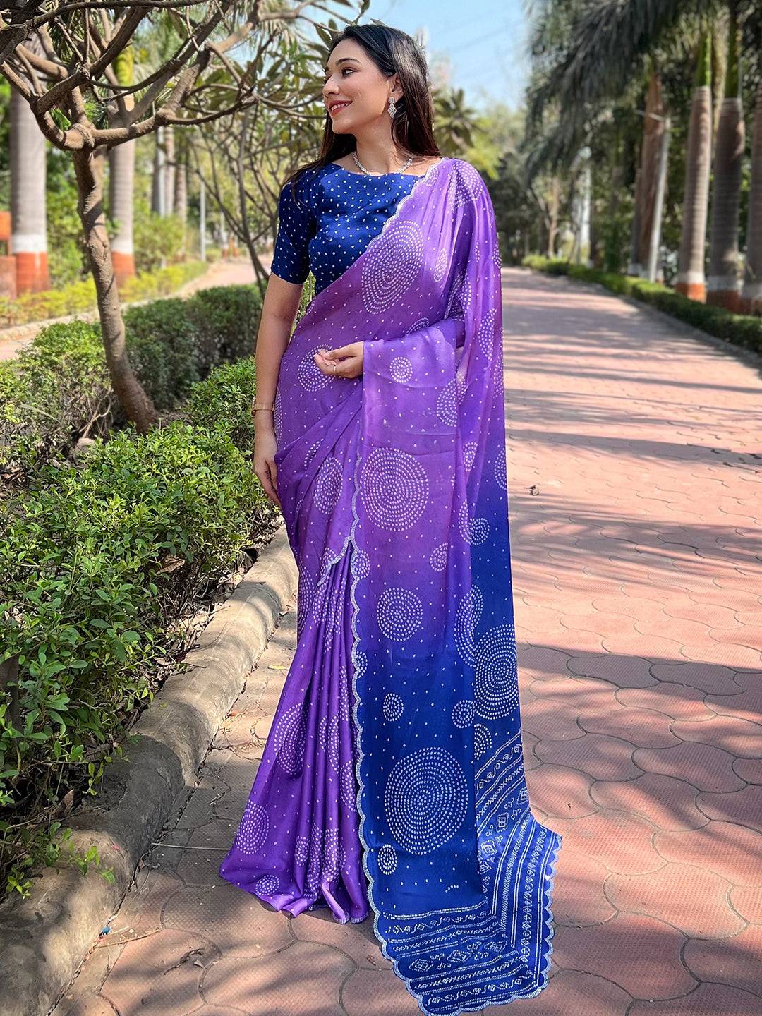 Lavender Georgette Silk Saree with Ombre Bandhej Print & Swaroski Stone Work by My Store