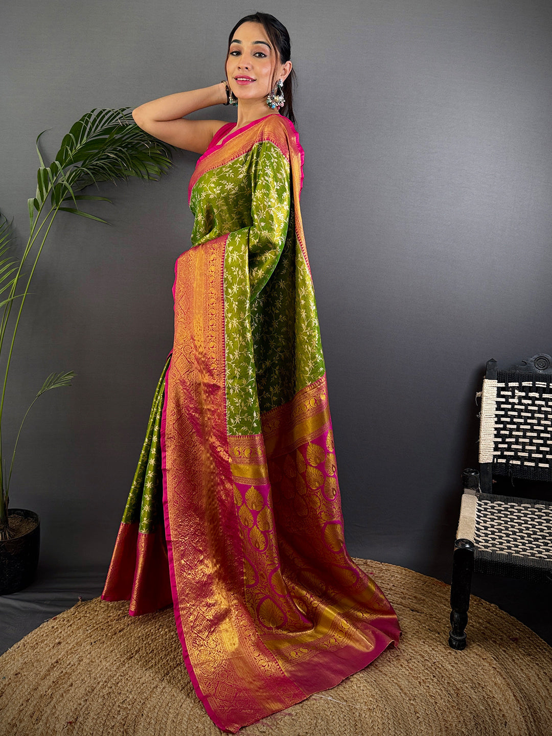Lime Green Dharmavaram Silk Saree by My Store