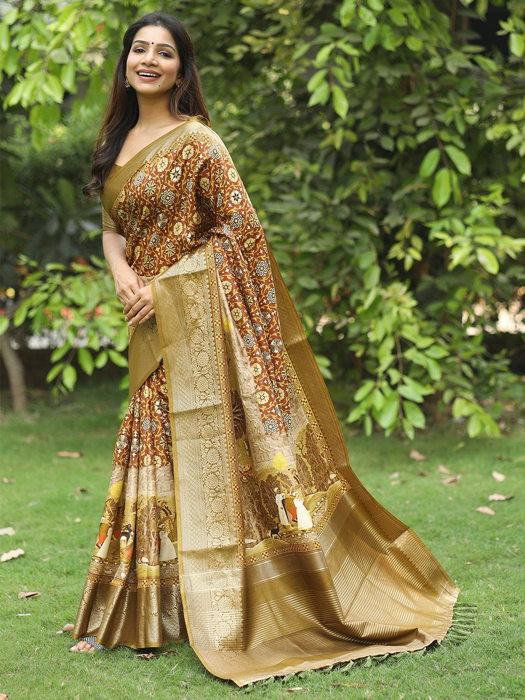 Brown Ajrak Block & Hand Kalamkari Printed Pure Viscose Dola Silk Saree - Luxe by My Store